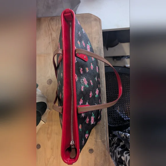 Coach City Tote Brown Leather Signature C Floral Print With Red Trim And Wallet - Picture 12 of 15